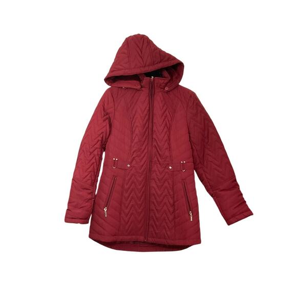 Nordstrom Women's Gallery Hooded Quilted Merlot Jacket Removable Fur Hood Sz S - Picture 11 of 11